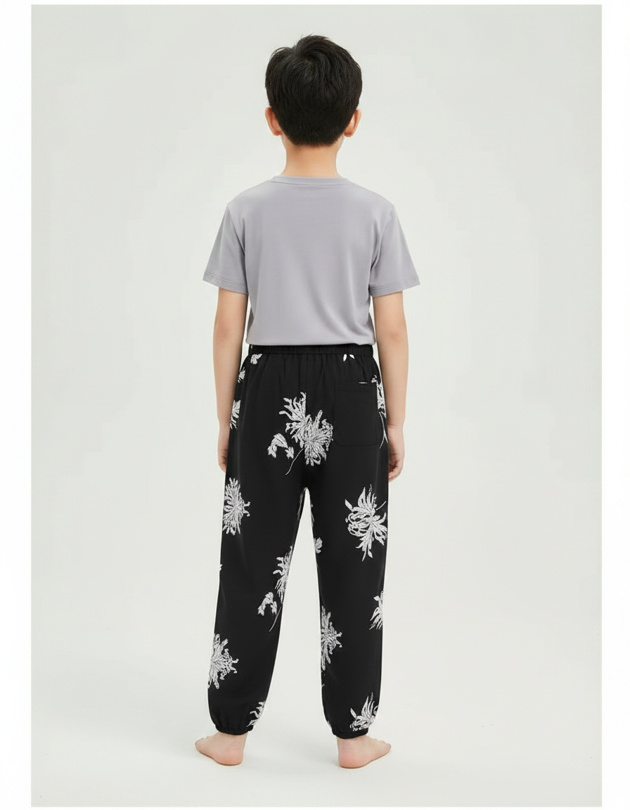 Pantalon Chinois Noir Blanc Ample Fleuri Enfant - Imprimé Viscose - vue 2