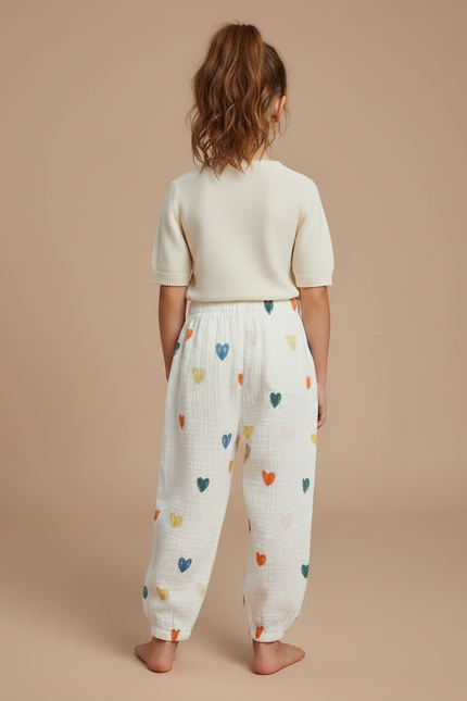 Pantalon Chinois Écru Cœurs Fluide Ample Enfant - Multicolore Coton - vue 2