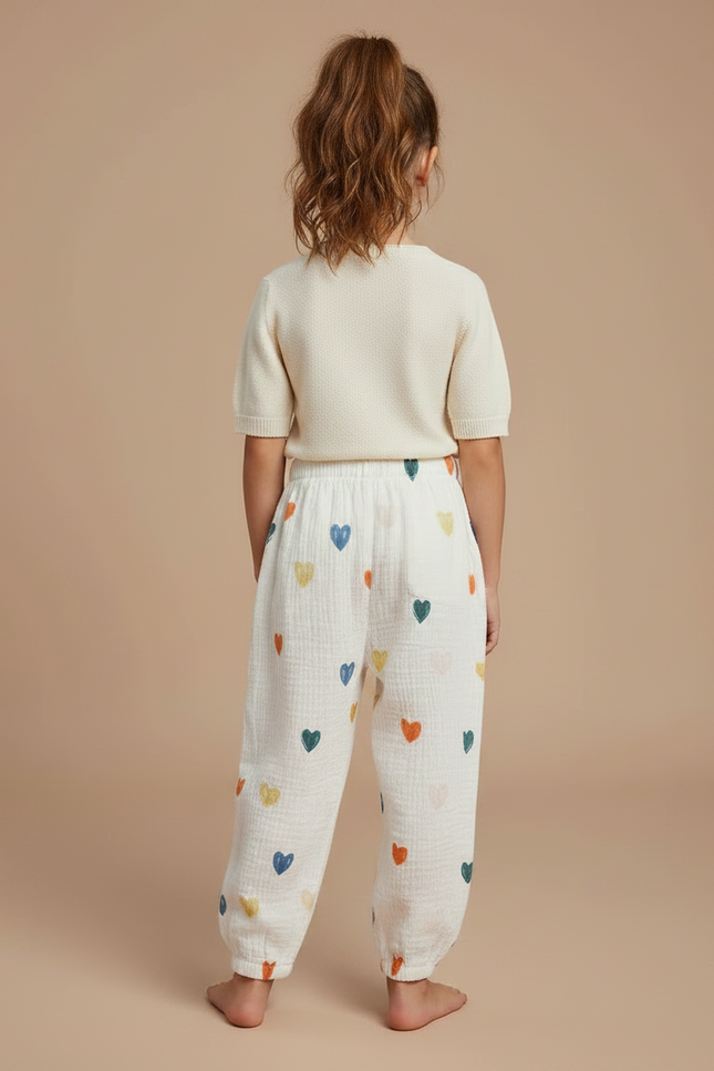 Pantalon Chinois Écru Cœurs Fluide Ample Enfant - Multicolore Coton - vue 2