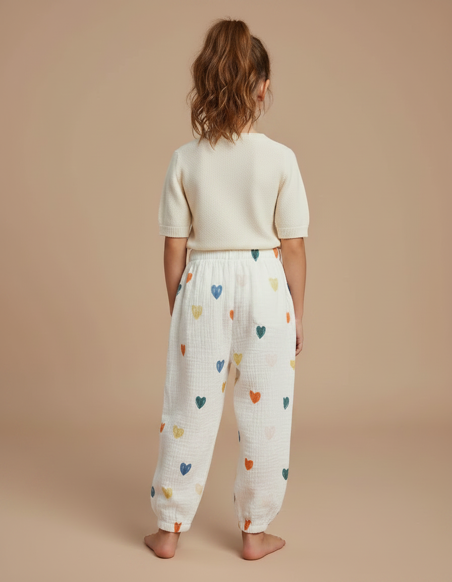 Pantalon Chinois Écru Cœurs Fluide Ample Enfant - Multicolore Coton - vue 2