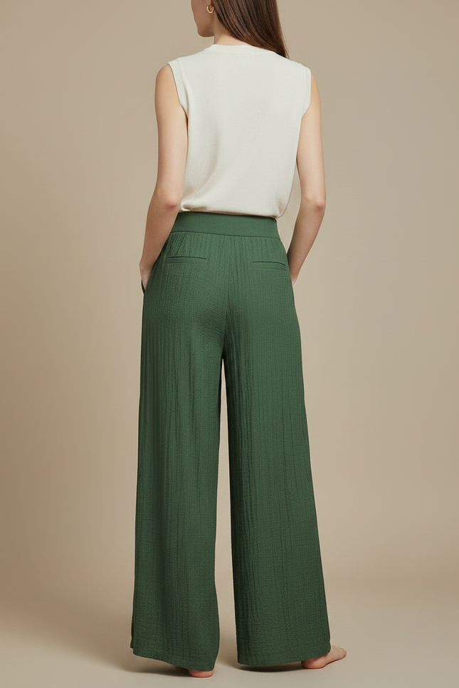 Pantalon Chinois Vert Ample Plissé Fendu Fluide - Viscose - vue 2