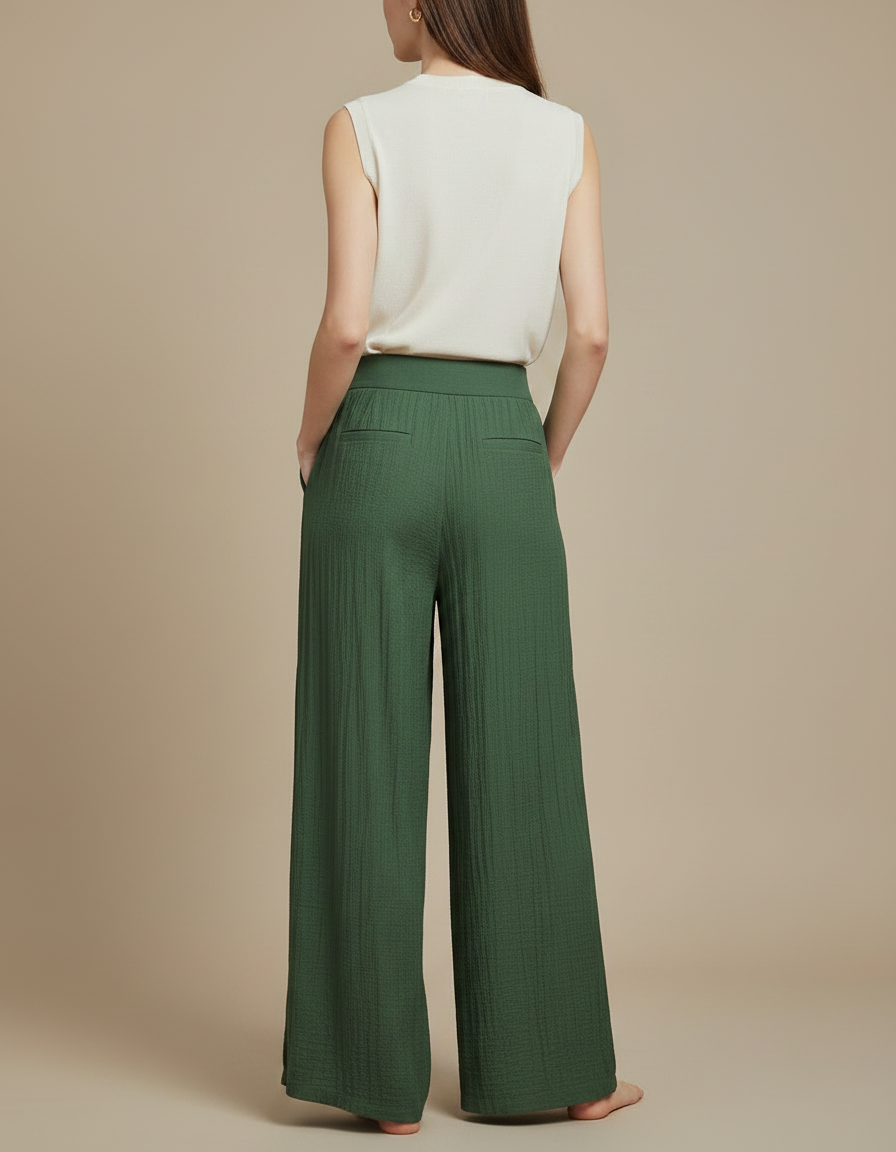 Pantalon Chinois Vert Ample Plissé Fendu Fluide - Viscose - vue 2