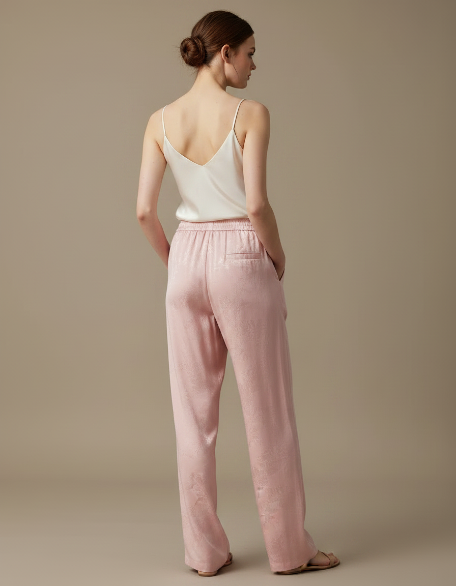 Pantalon Chinois Rose Satiné Jacquard Ample Fluide - vue 2