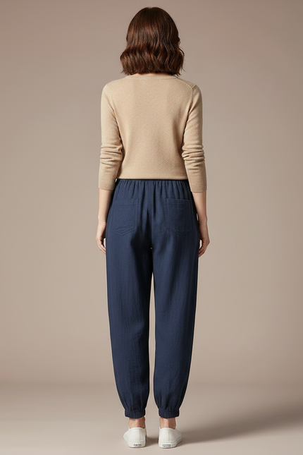 Pantalon Chinois Bleu Marine Ample Cigognes Brodé Coton - vue 2