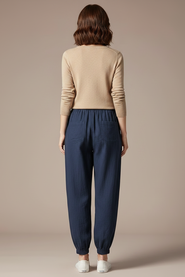 Pantalon Chinois Bleu Marine Ample Cigognes Brodé Coton - vue 2