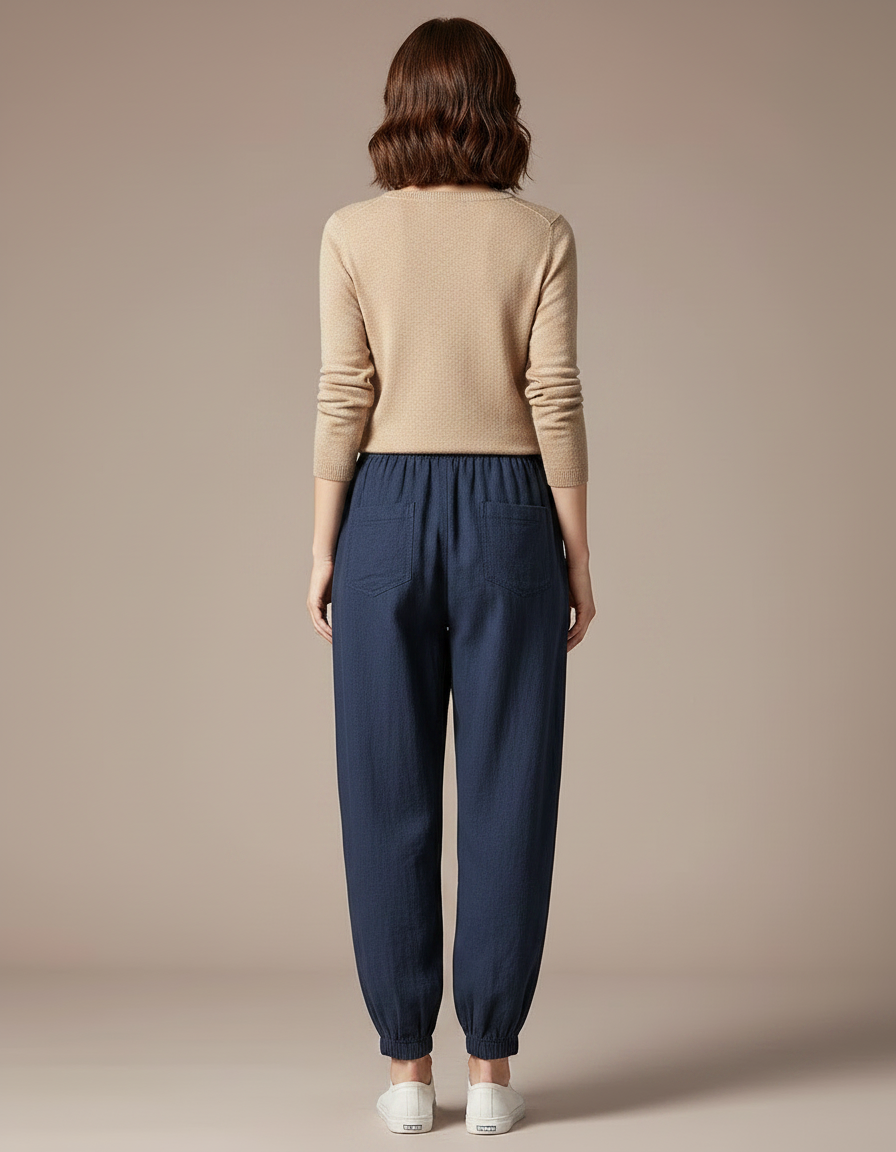 Pantalon Chinois Bleu Marine Ample Cigognes Brodé Coton - vue 2