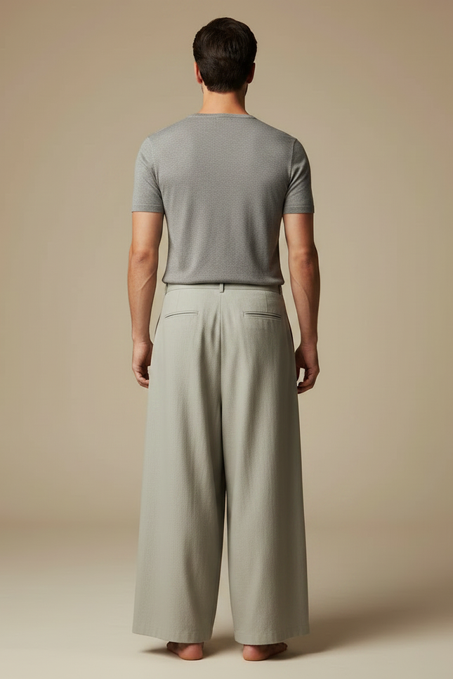 Pantalon Chinois Ample Gris Lin Brodé Bambou Homme - vue 2