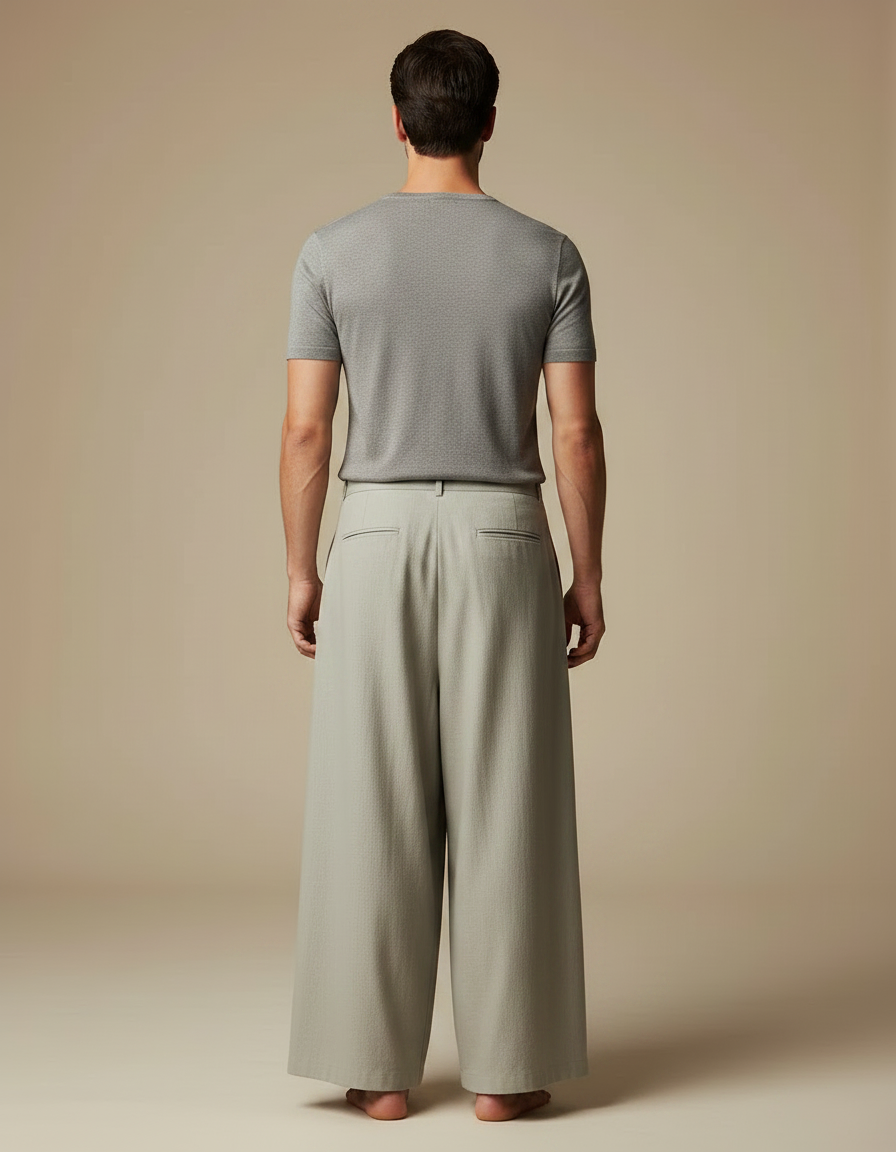 Pantalon Chinois Ample Gris Lin Brodé Bambou Homme - vue 2