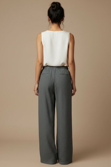 Pantalon Chinois Gris Ample Fluide Texturé Femme - Coton - vue 2