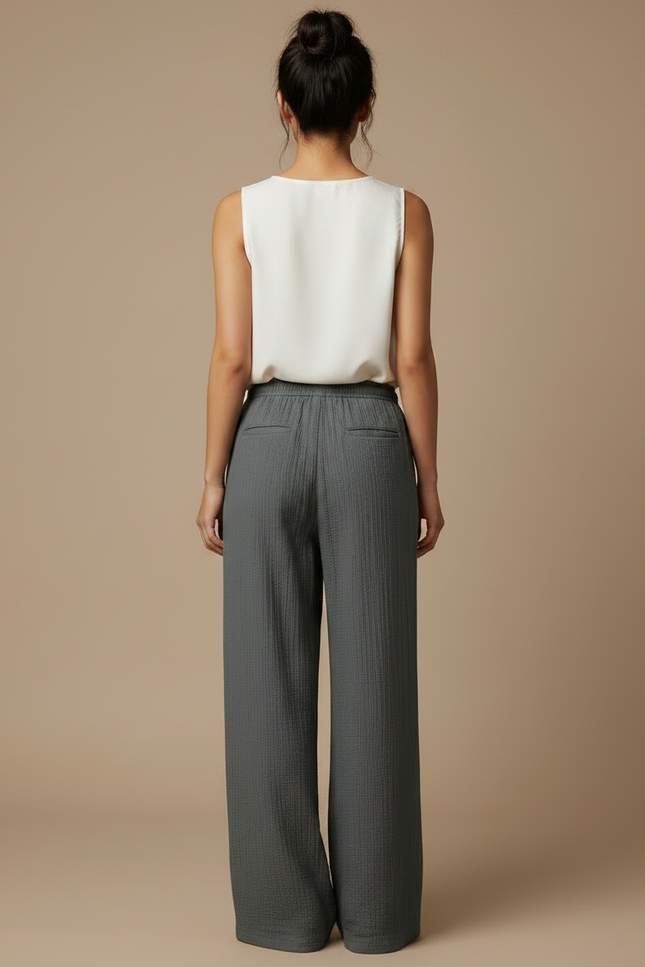 Pantalon Chinois Gris Ample Fluide Texturé Femme - Coton - vue 2