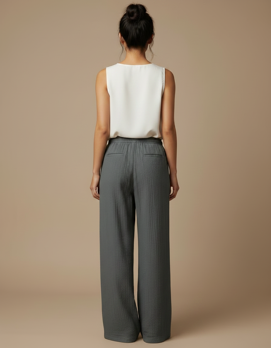 Pantalon Chinois Gris Ample Fluide Texturé Femme - Coton - vue 2