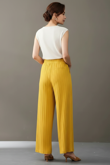 Pantalon Chinois Jaune Plissé Ample Taille Haute - Maille - vue 2