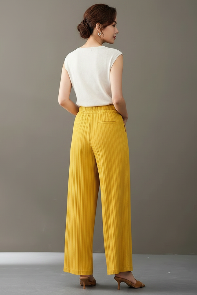 Pantalon Chinois Jaune Plissé Ample Taille Haute - Maille - vue 2