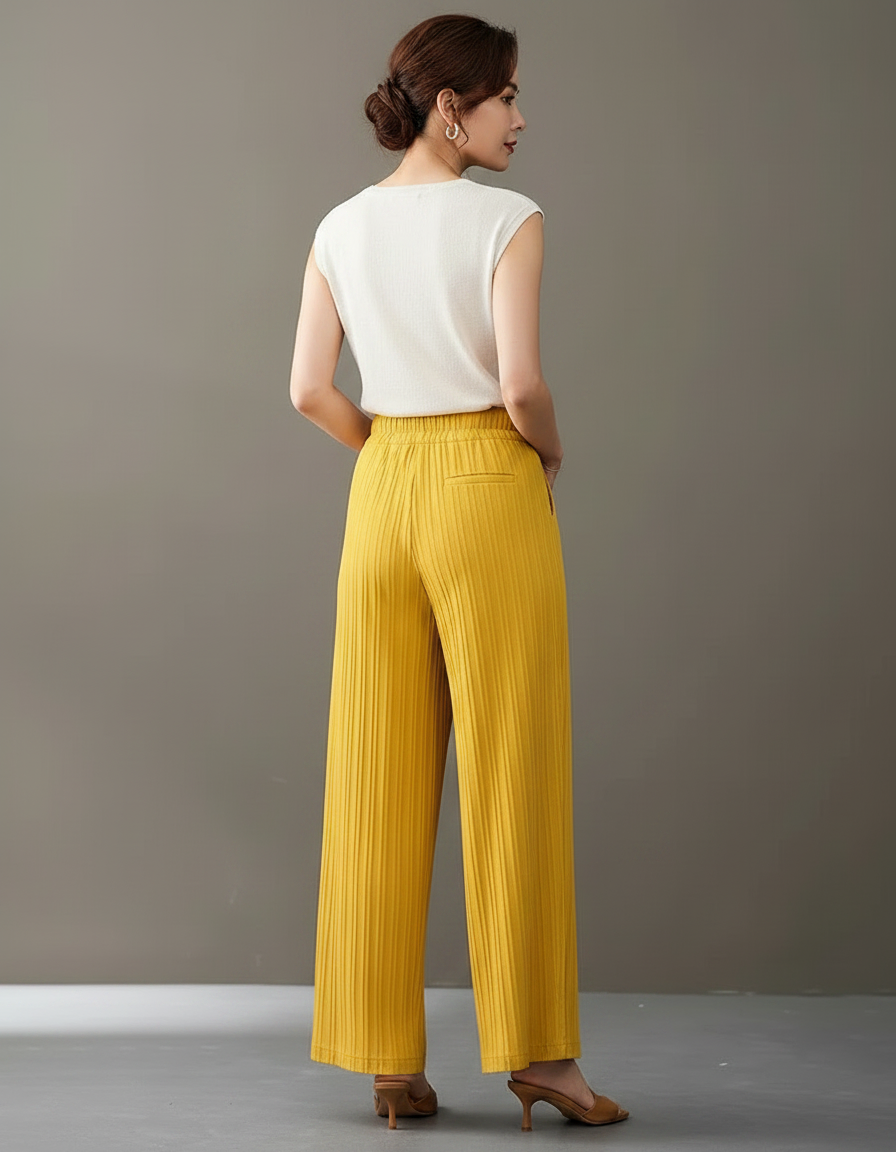 Pantalon Chinois Jaune Plissé Ample Taille Haute - Maille - vue 2