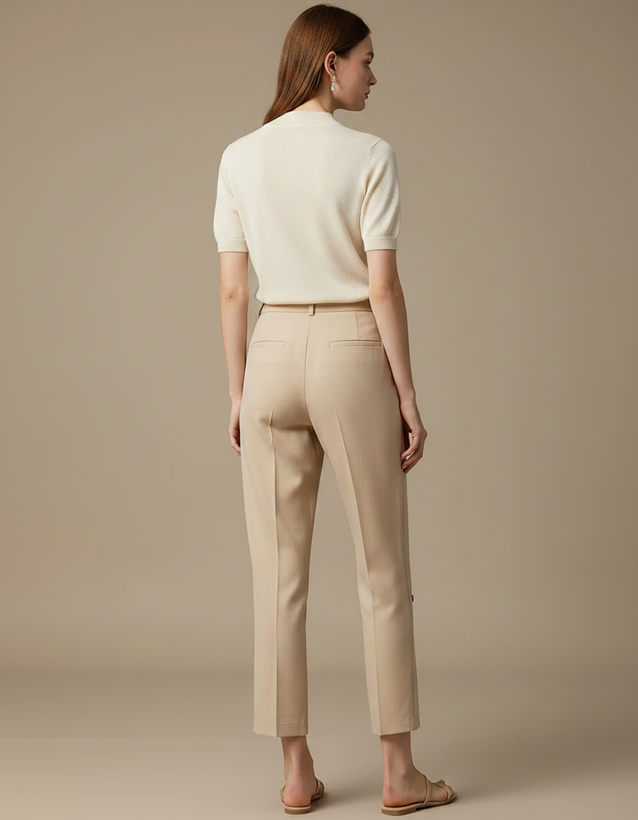 Pantalon Chinois Beige Coupe Droite Fendue Nœuds Femme - Gabardine - vue 2