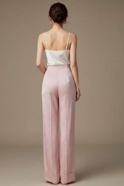 Pantalon Chinois Rose Satin Jacquard Taille Haute Fluide - vue 2