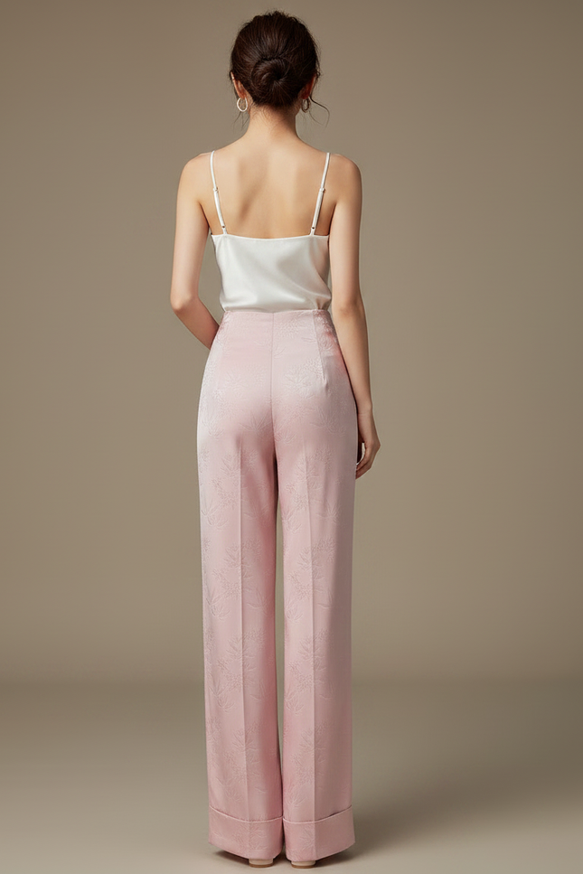Pantalon Chinois Rose Satin Jacquard Taille Haute Fluide - vue 2