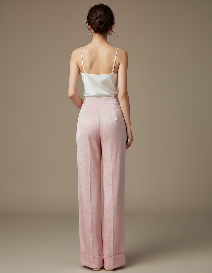 Pantalon Chinois Rose Satin Jacquard Taille Haute Fluide - vue 2