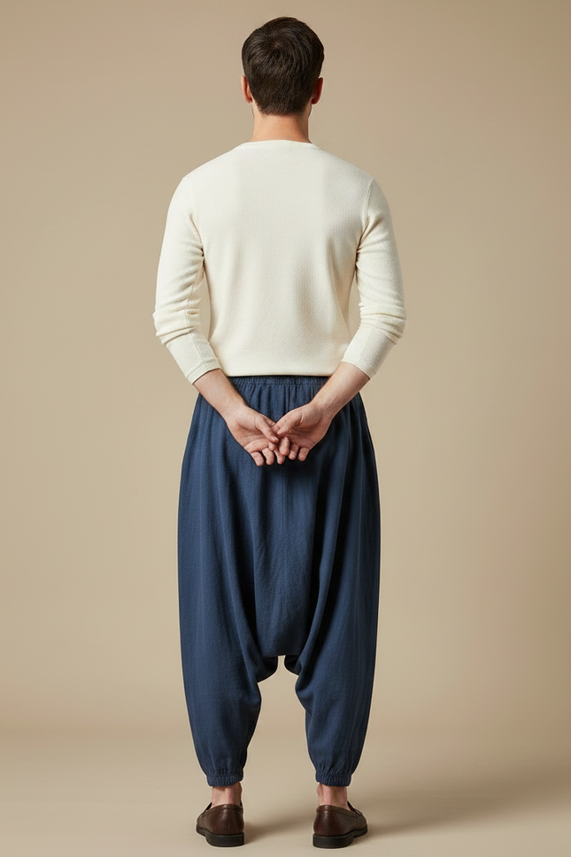 Pantalon Chinois Lin Coton Ample Décontracté Homme Bleu Marine - vue 2
