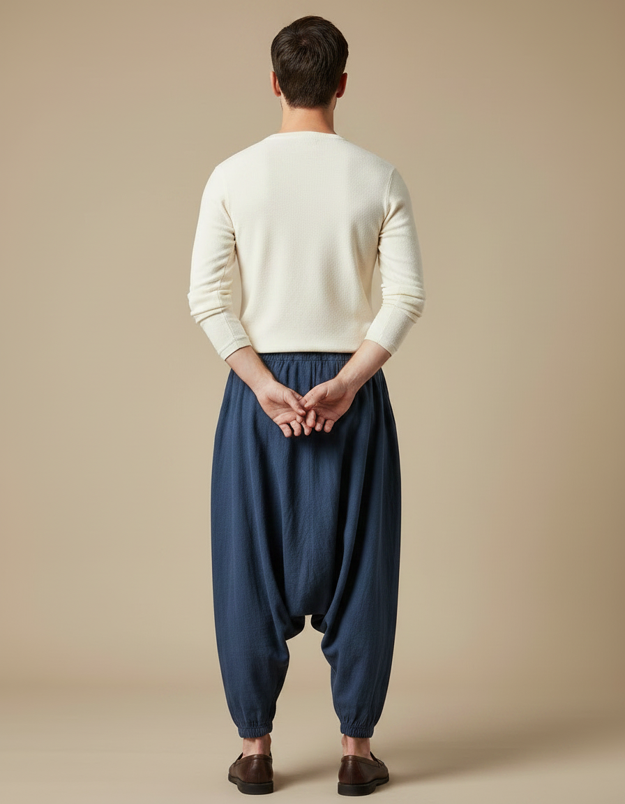 Pantalon Chinois Lin Coton Ample Décontracté Homme Bleu Marine - vue 2