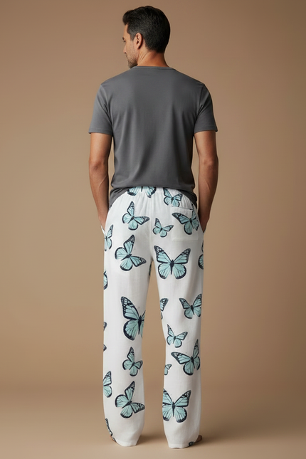 Pantalon Chinois Blanc Papillons Fluide Léger Décontracté - Lin - vue 2