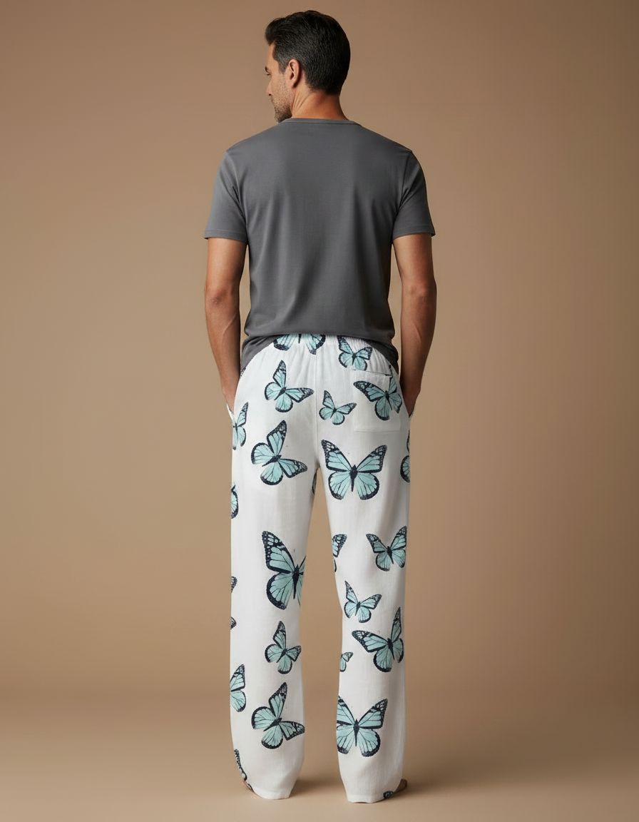 Pantalon Chinois Blanc Papillons Fluide Léger Décontracté - Lin - vue 2