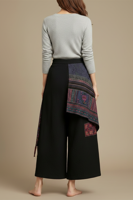 Pantalon Chinois Noir Brodé Ample Jupe-culotte Ethnique - Coton - vue 2
