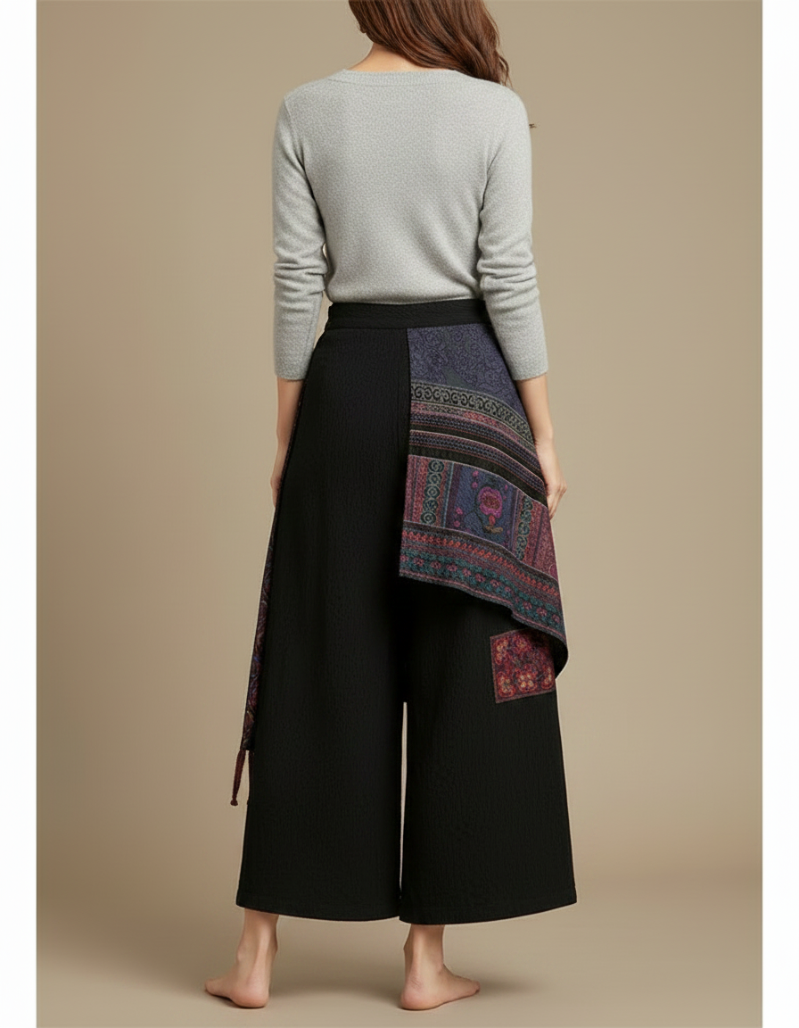 Pantalon Chinois Noir Brodé Ample Jupe-culotte Ethnique - Coton - vue 2