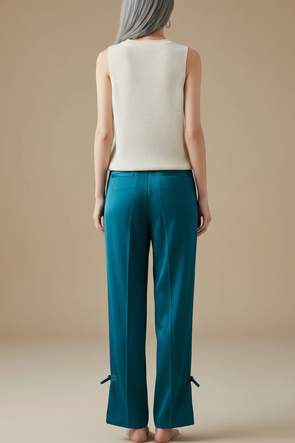 Pantalon Chinois Bleu Canard Ample Fluide Nœuds Femme - Satin - vue 2