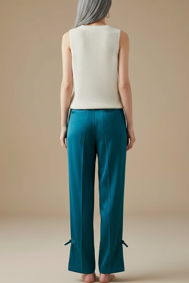 Pantalon Chinois Bleu Canard Ample Fluide Nœuds Femme - Satin - vue 2