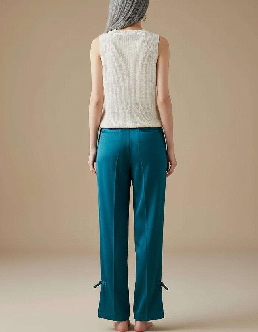 Pantalon Chinois Bleu Canard Ample Fluide Nœuds Femme - Satin - vue 2