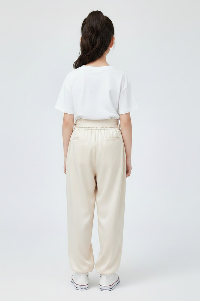 Pantalon Chinois Crème Satiné Ample Ceinturé Casual - Beige - vue 2