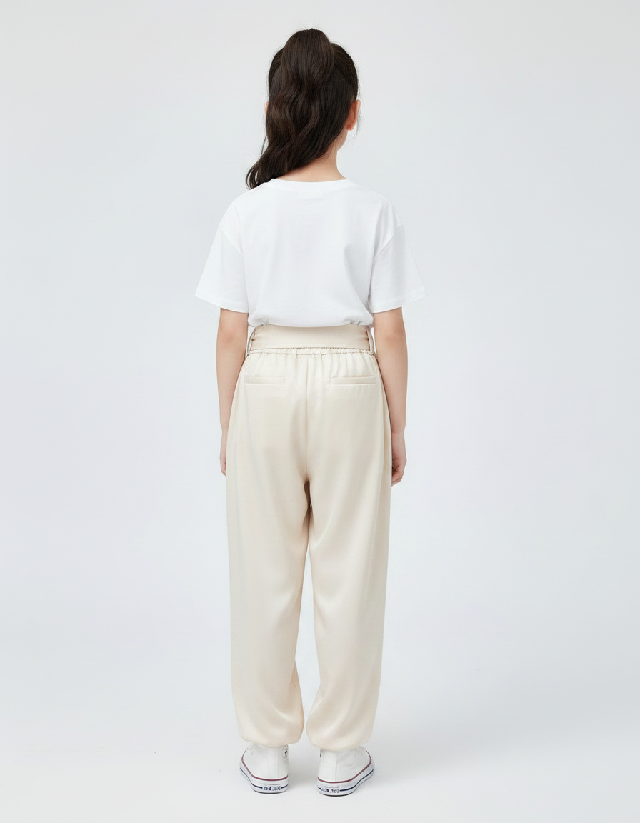 Pantalon Chinois Crème Satiné Ample Ceinturé Casual - Beige - vue 2