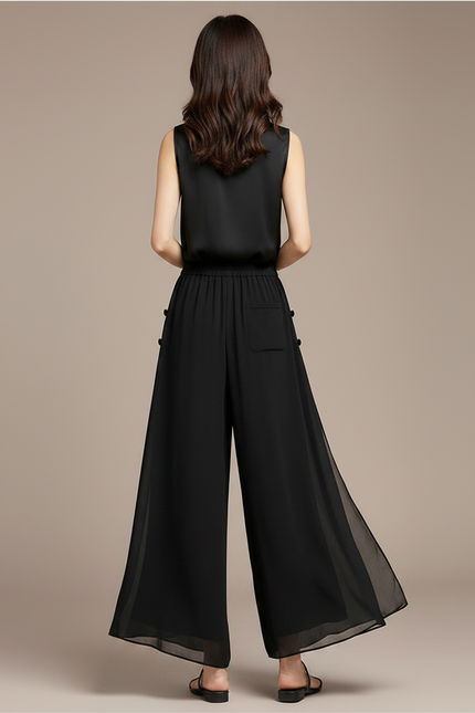 Pantalon Chinois Noir Fluide Ample Élégant Femme - Soie - vue 2