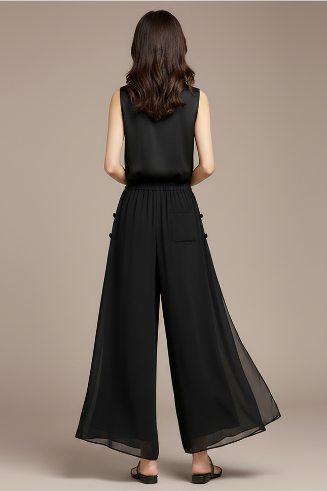 Pantalon Chinois Noir Fluide Ample Élégant Femme - Soie - vue 2