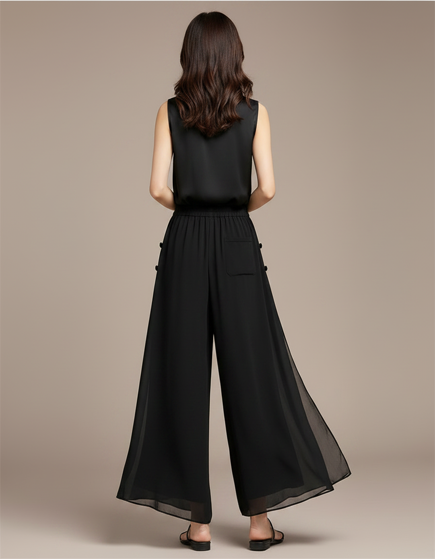 Pantalon Chinois Noir Fluide Ample Élégant Femme - Soie - vue 2