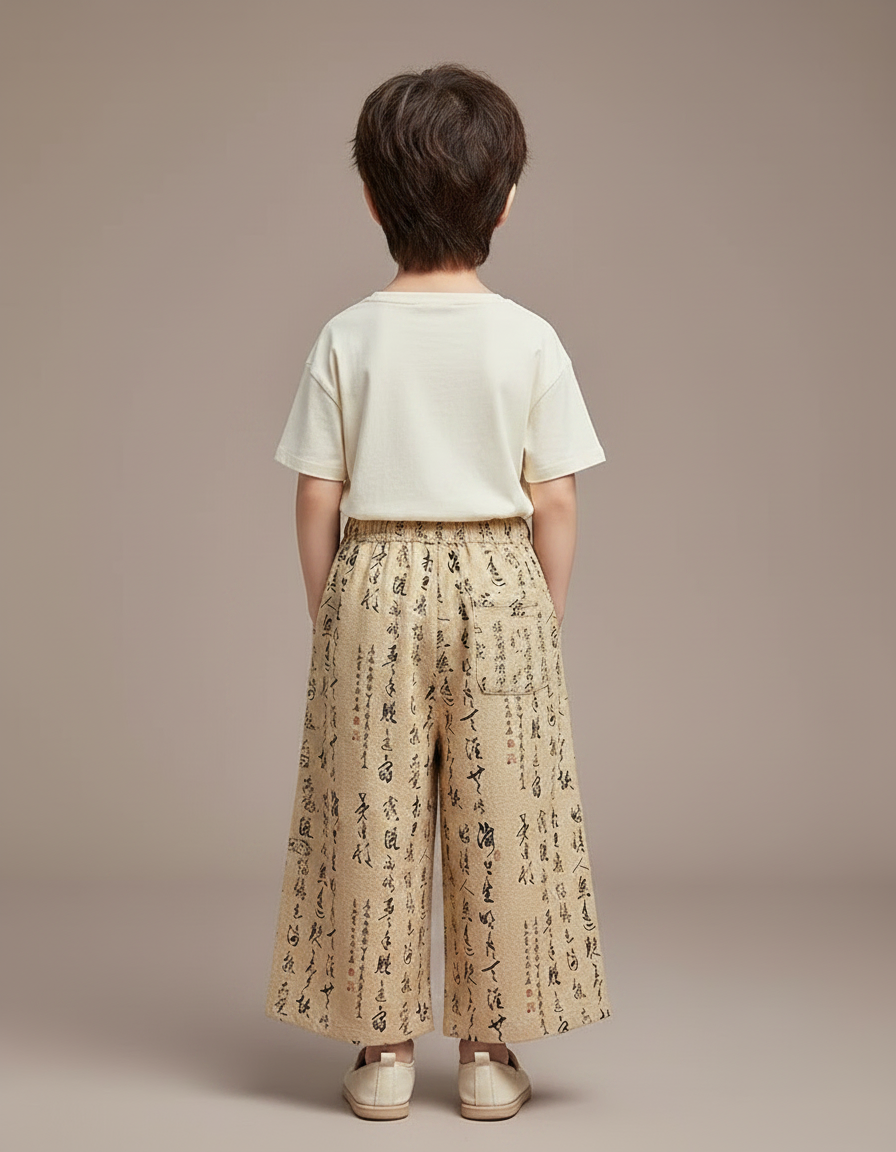 Pantalon Chinois Beige Ample Calligraphie Coton Unisexe - Lin - vue 2