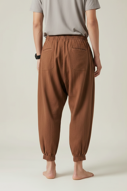 Pantalon Chinois Harem Coton Lin Marron Ample Homme - vue 2