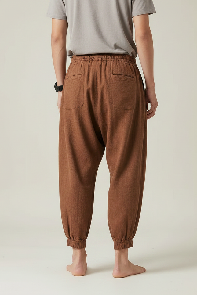 Pantalon Chinois Harem Coton Lin Marron Ample Homme - vue 2