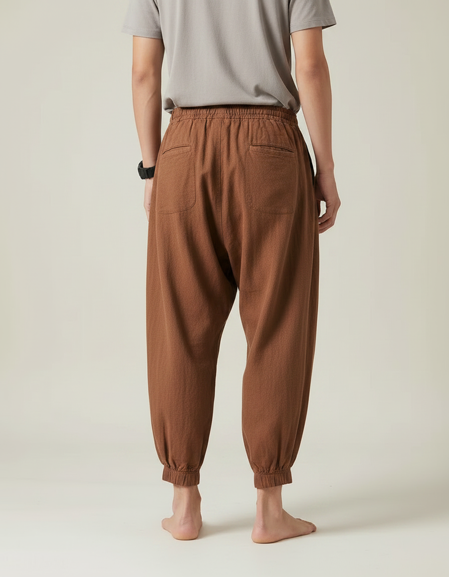 Pantalon Chinois Harem Coton Lin Marron Ample Homme - vue 2