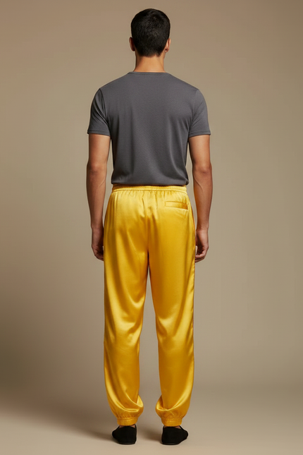 Pantalon Chinois Jaune Satin Ample Bandes Rouges - vue 2
