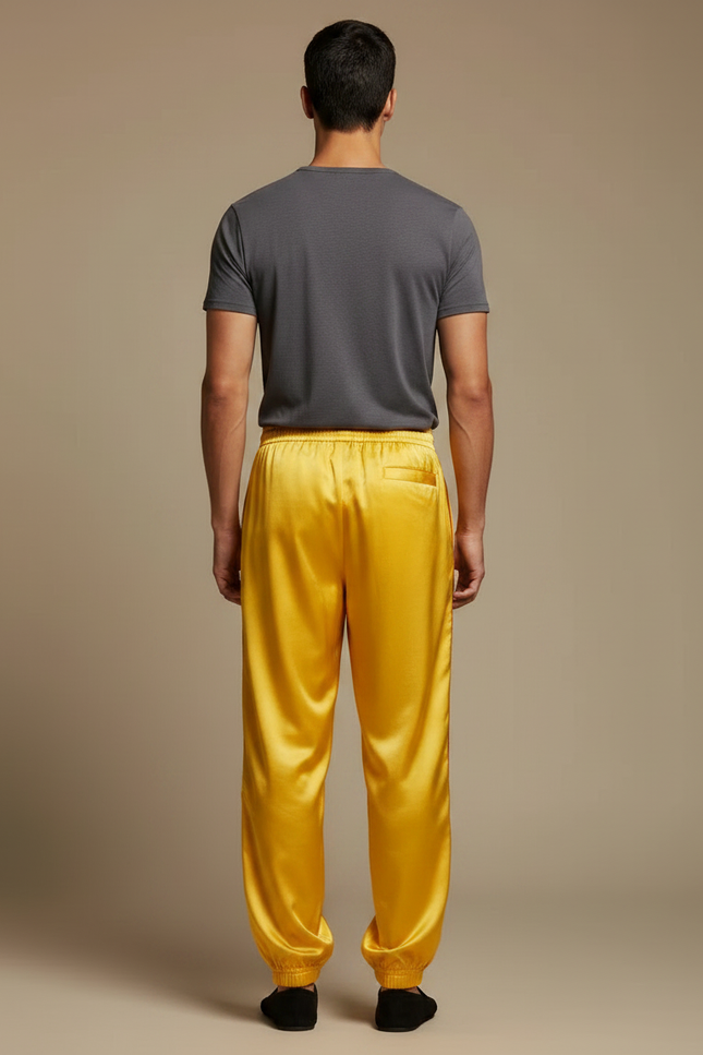 Pantalon Chinois Jaune Satin Ample Bandes Rouges - vue 2