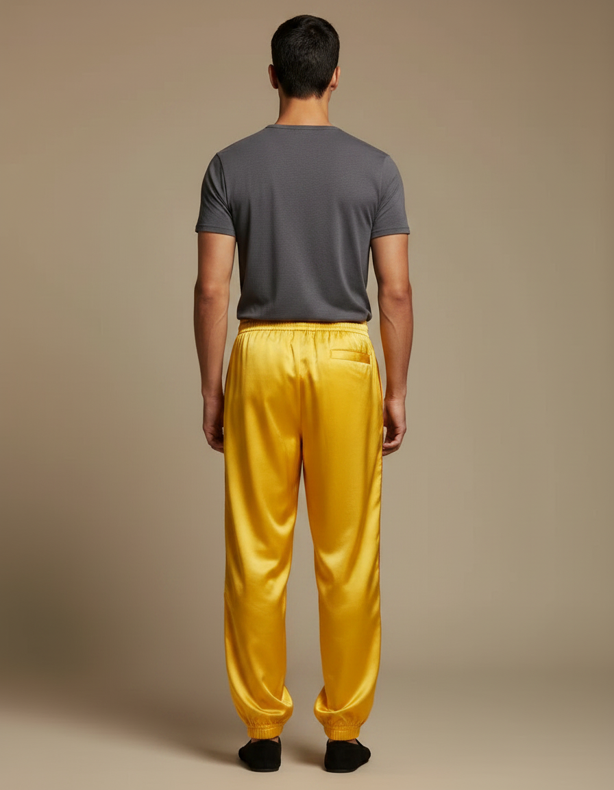 Pantalon Chinois Jaune Satin Ample Bandes Rouges - vue 2