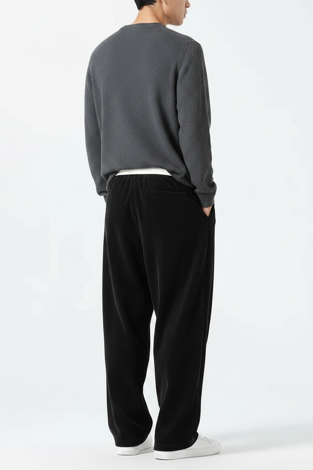 Pantalon Chinois Noir Ample Velours Côtelé Décontracté - Cordé - vue 2