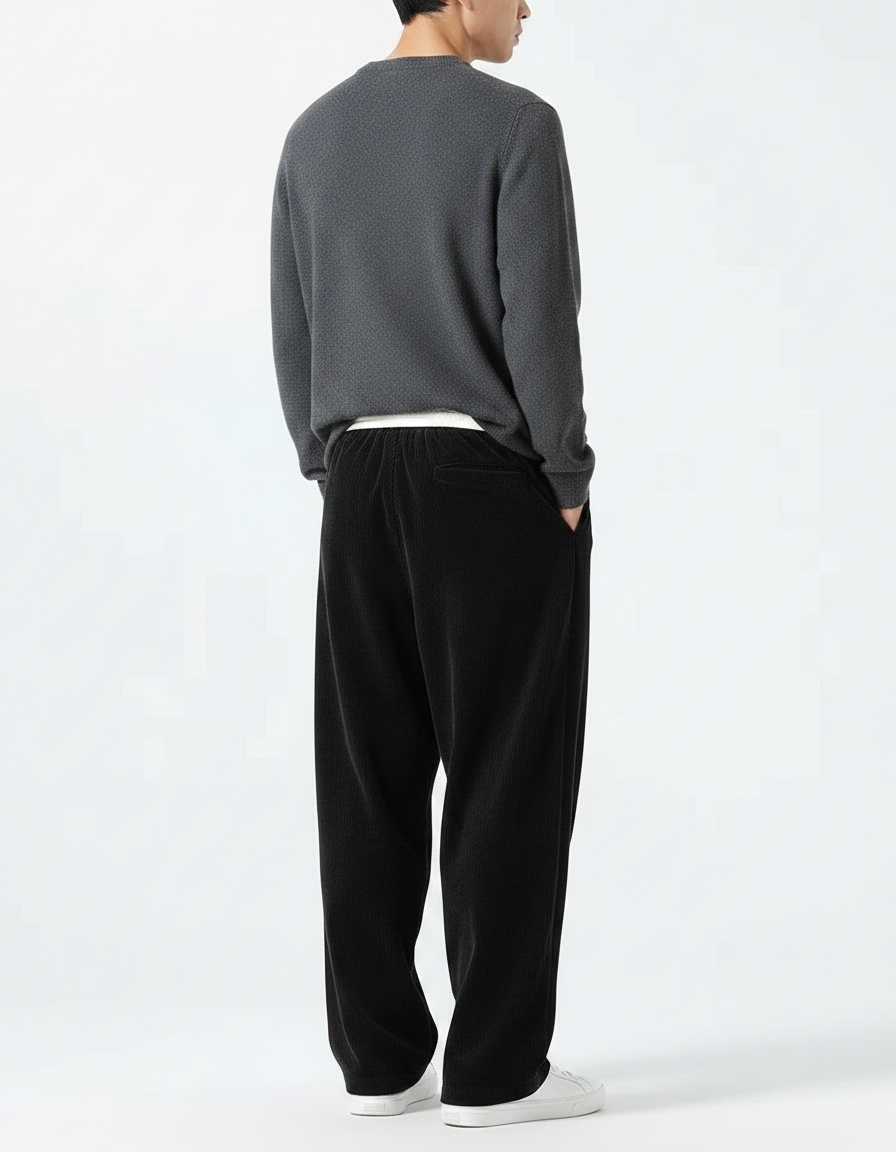 Pantalon Chinois Noir Ample Velours Côtelé Décontracté - Cordé - vue 2