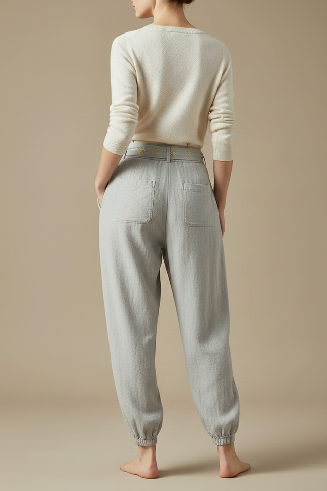 Pantalon Chinois Gris Clair Ample Coton Brodé - vue 2