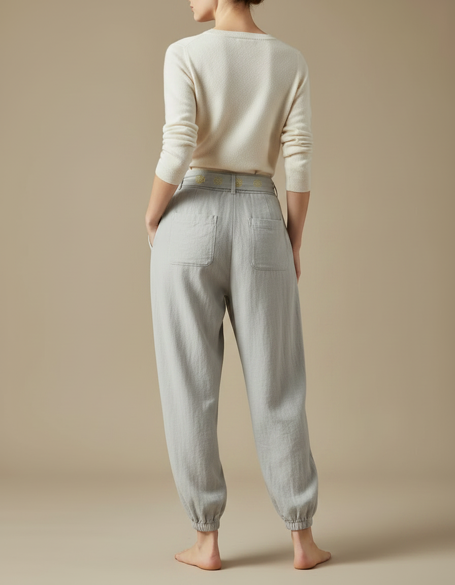 Pantalon Chinois Gris Clair Ample Coton Brodé - vue 2