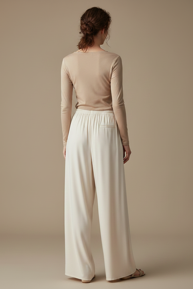 Pantalon Chinois Crème Fluide Soie Ample Femme Élégant - Beige - vue 2