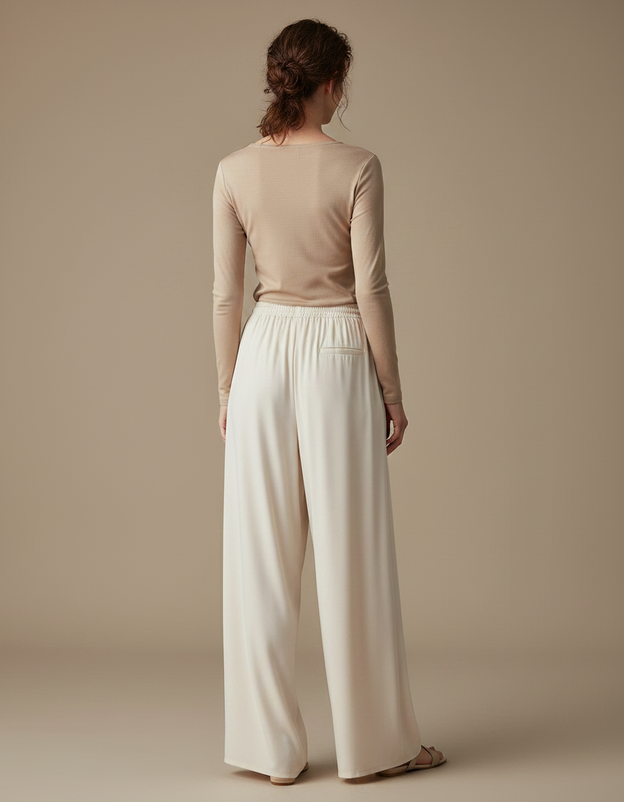 Pantalon Chinois Crème Fluide Soie Ample Femme Élégant - Beige - vue 2