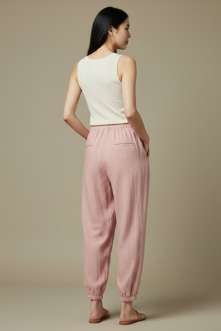 Pantalon Chinois Rose Ample Lin Élastiqué Femme - vue 2